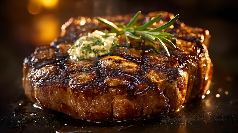 Steak cooking on grill with herbs and butter in dark kitchen Free Premium Stock Image - stock photo