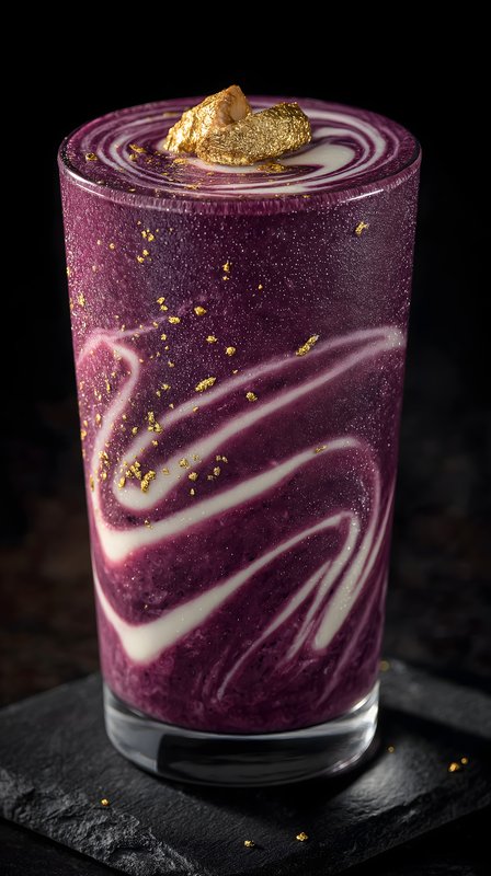 Purple drink with gold topping in glass on black surface Free Premium Stock Photo - stock photo