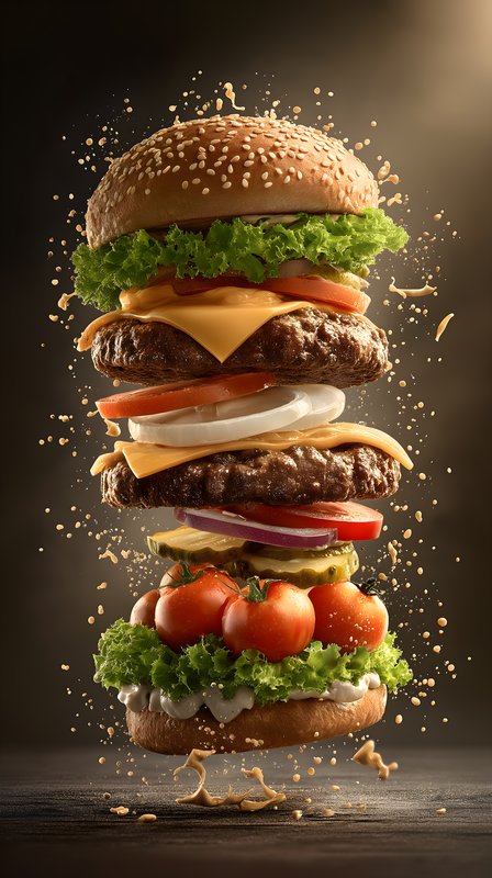 Delicious burger with layers of meat, cheese, and vegetables Free Premium Stock Image - stock photo