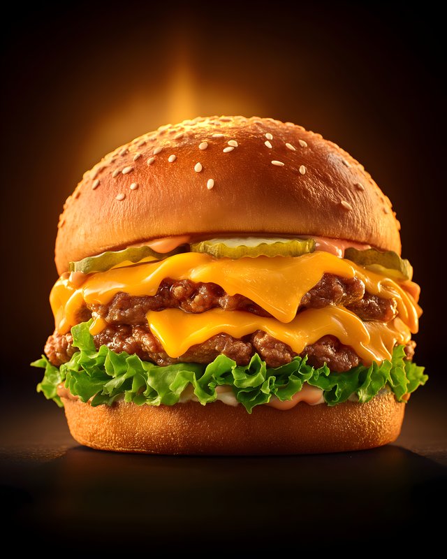 Juicy burger with cheddar and pickles sits on a dark background Free Premium Stock Image - stock photo