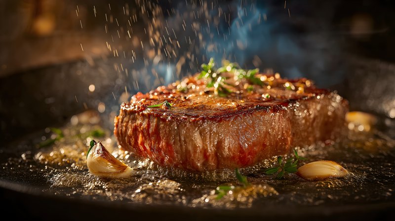 Cooking steak in skillet with herbs and garlic Free Premium Stock Photo - stock photo