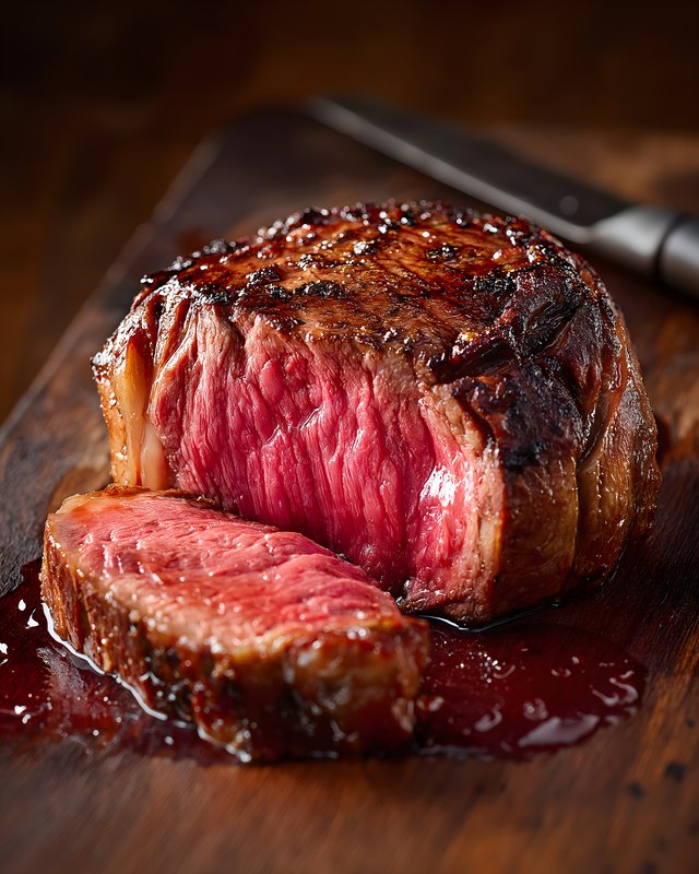 Juicy steak sliced on wooden board with knife nearby Free Premium Stock Photo - stock photo