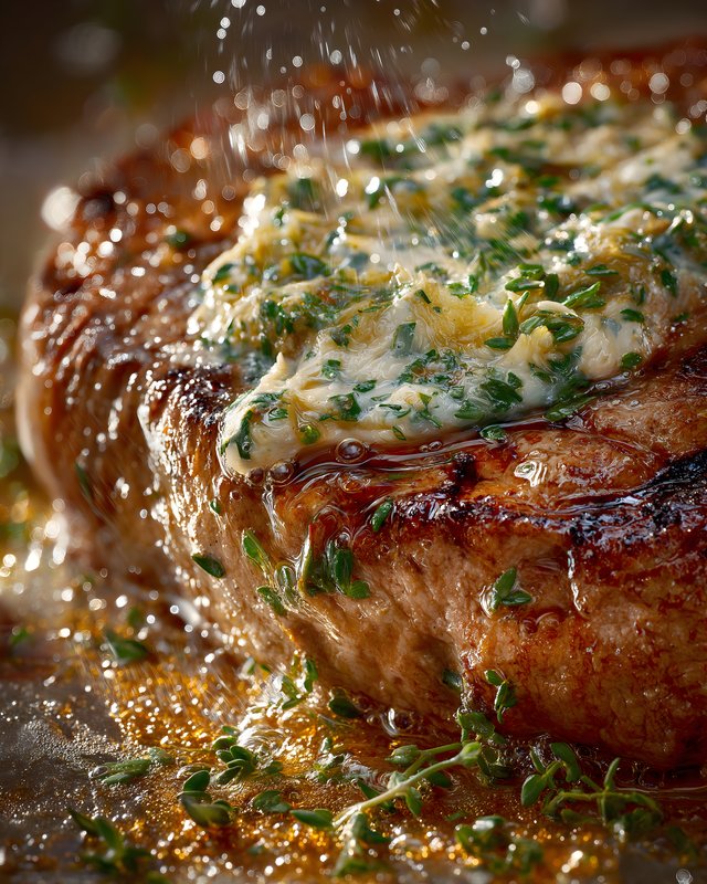 Grilling steak with herbs and butter on a hot grill Free Premium Stock Image - stock photo
