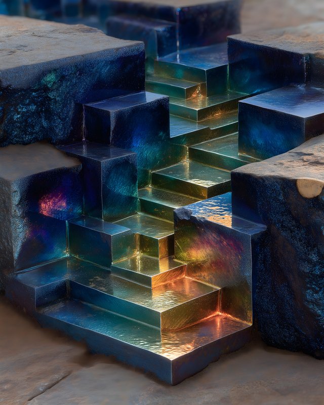 Reflective steps lead down to a luminous pool in a stone area Free Premium Stock Image - stock photo