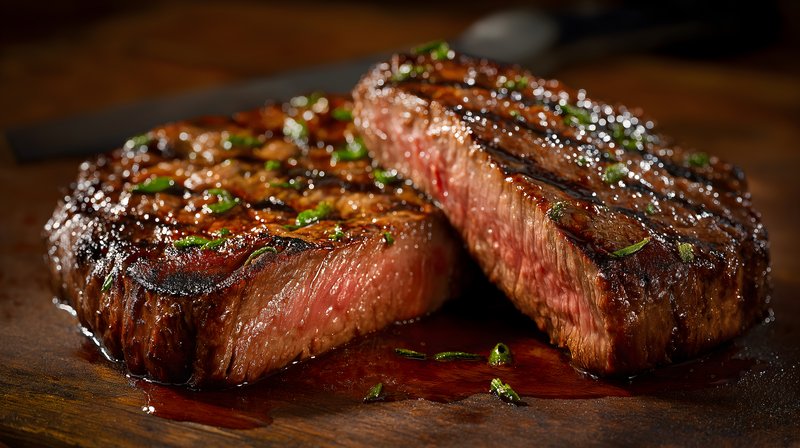 Steak cooking on grill with herbs and juices present Free Premium Stock Photo - stock photo