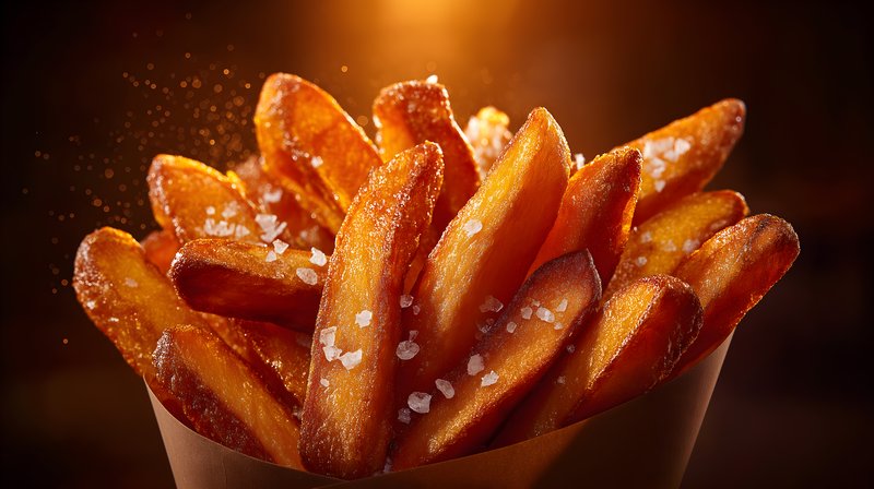 Freshly cooked fries in warm light with salt on top Free Premium Stock Photo - stock photo