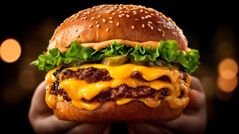 Cheeseburger with lettuce and pickles held by a hand Free Premium Stock Photo - stock photo