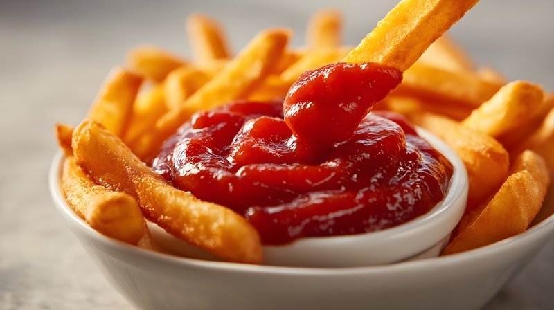 Fries dipped in ketchup in a white bowl on a table Free Premium Stock Photo - stock photo
