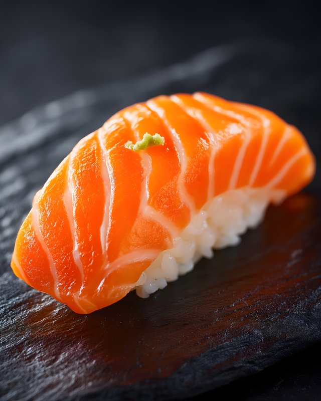 Fresh salmon sushi on a black plate with wasabi Free Premium Stock Photo - stock photo