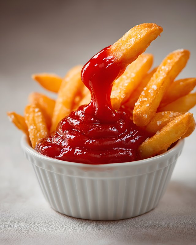 Fries with ketchup in a white bowl served on a table Free Premium Stock Photo - stock photo