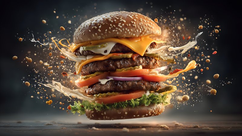 Burger with multiple layers sits against a dark background Free Premium Stock Image - stock photo