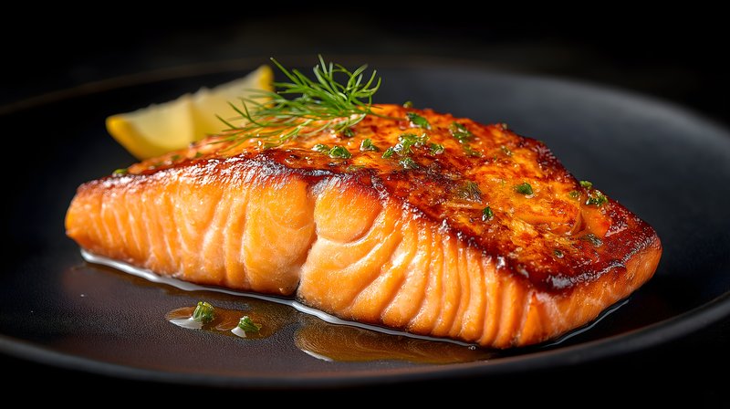 Grilled salmon served on a black plate with lemon slice Free Premium Stock Photo - stock photo