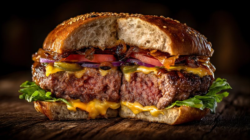 Delicious burger with layers of cheese and fresh toppings served Free Premium Stock Image - stock photo