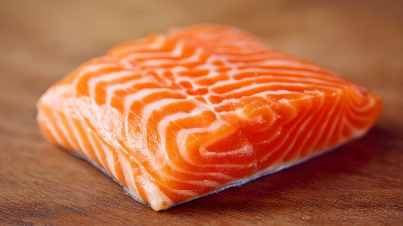Salmon fillet on a wooden cutting board in a kitchen Free Premium Stock Image - stock photo