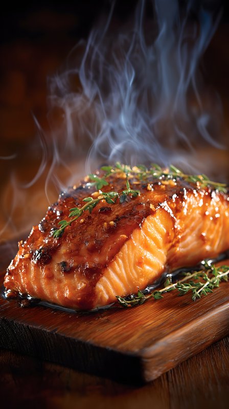 Cooking salmon with sauce on wooden board in kitchen Free Premium Stock Photo - stock photo