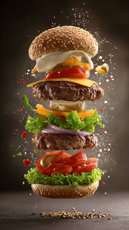 Stack of burger ingredients floating in the air Free Premium Stock Image - stock photo