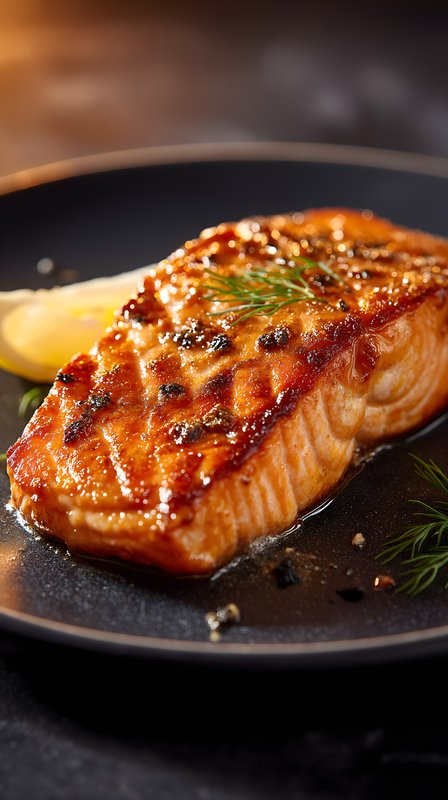 Grilled salmon fillet served on a dark plate with lemon Free Premium Stock Photo - stock photo