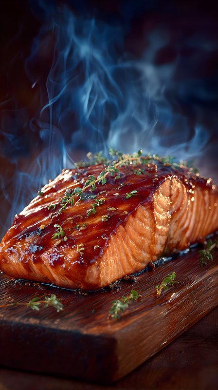 Grilled salmon fillet on wooden board with steam and herbs Free Premium Stock Photo - stock photo