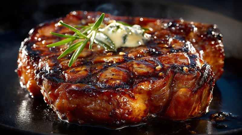 Delicious steak grilling with herbs in a kitchen setting Free Premium Stock Image - stock photo