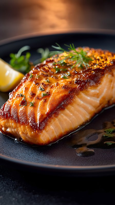 Freshly cooked salmon with garnish on a plate Free Premium Stock Image - stock photo