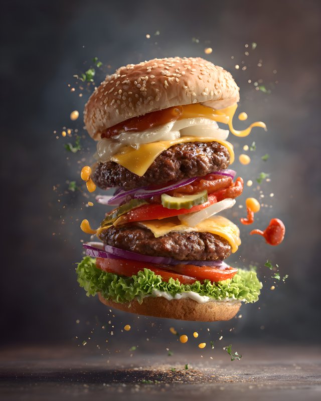 Stacked burger with layers of toppings and sauces Free Premium Stock Photo - stock photo