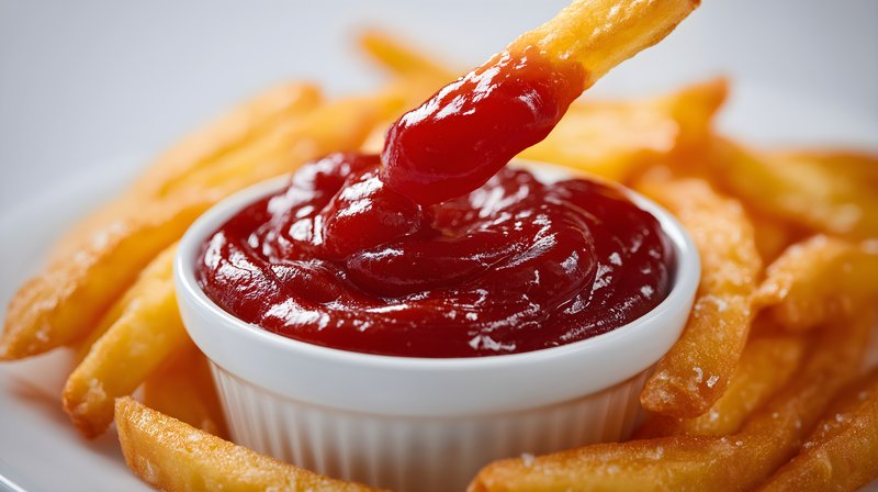 Fried potatoes and ketchup served on a white plate Free Premium Stock Photo - stock photo