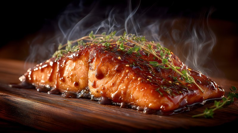 Salmon cooking on a wooden board with steam rising Free Premium Stock Photo - stock photo