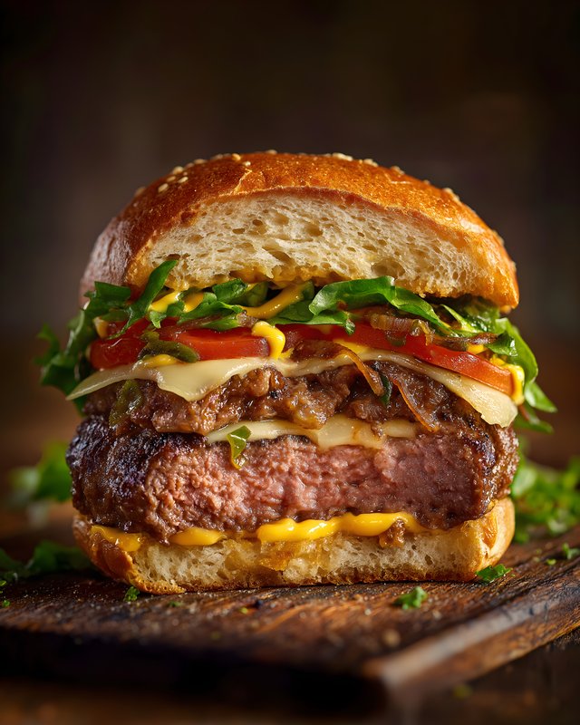 Juicy burger with cheese, lettuce, tomato, and sauce on bun Free Premium Stock Image - stock photo