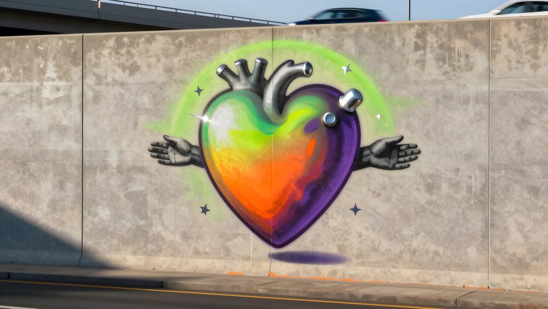 Colorful heart mural on wall near busy highway Free Premium Stock Photo - stock photo
