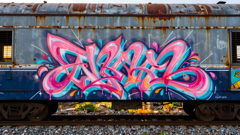 Graffiti art on a train car in an urban area at sunset Free Premium Stock Image - stock photo