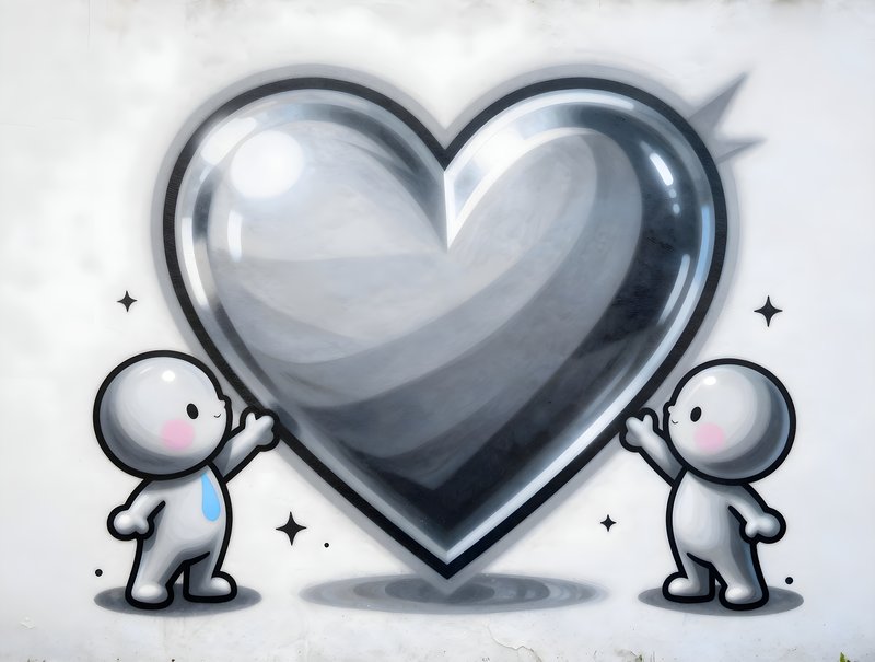 Two characters touching a large heart on a wall Free Premium Stock Photo - stock photo