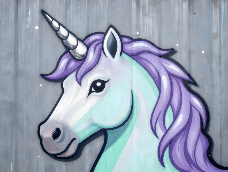 Mural of a unicorn on a gray wall in an urban area Free Premium Stock Image - stock photo