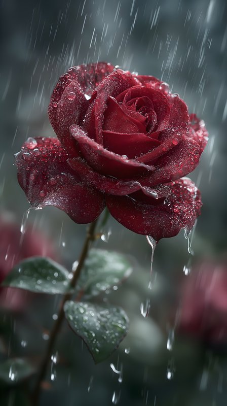 Red rose in rain with water droplets on petals Free Premium Stock Photo - stock photo