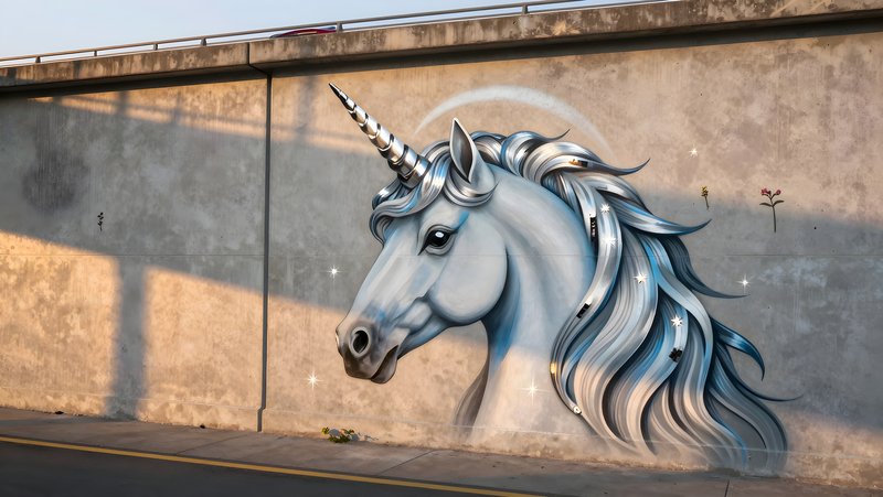 Mural of a unicorn on a concrete wall in an urban area Free Premium Stock Photo - stock photo