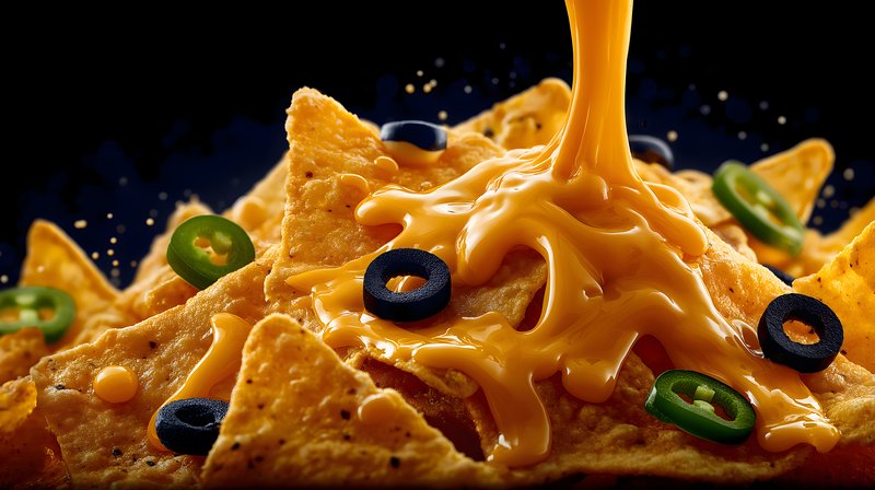 Cheese sauce pouring over nachos with olives and jalapenos Free Premium Stock Photo - stock photo