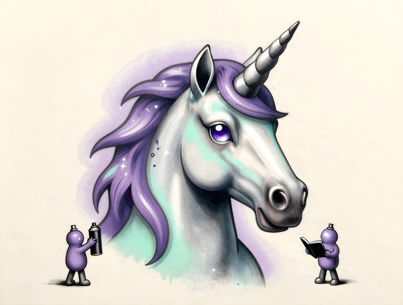 Unicorn mural with street artists at work in the city Free Premium Stock Image - stock photo