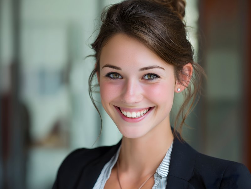 Smiling woman dressed in a suit at an office setting Free Premium Stock Image - stock photo