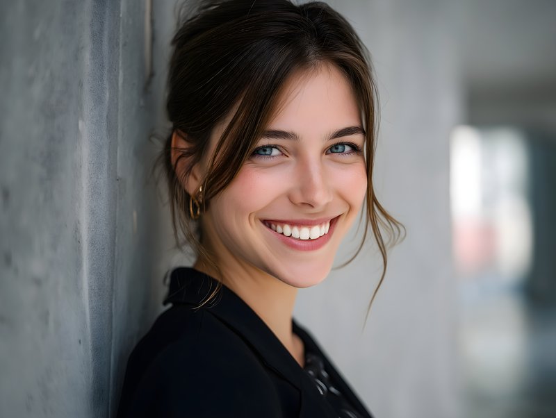 Smiling woman stands against a concrete wall during the day Free Premium Stock Photo - stock photo