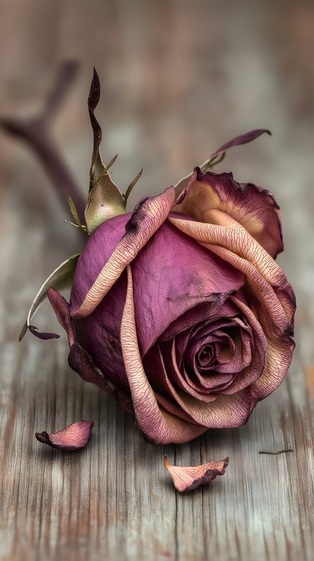Dried purple rose on wooden surface with fallen petals Free Premium Stock Photo - stock photo