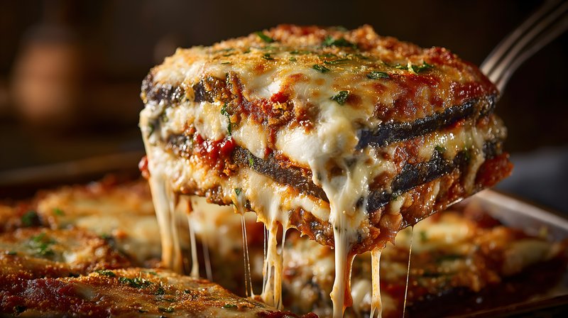 Layered dish with cheese being served at a dinner table Free Premium Stock Image - stock photo