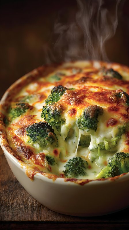Baked dish with broccoli and cheese served hot on table Free Premium Stock Photo - stock photo