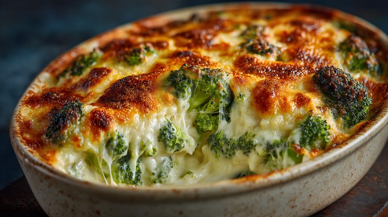 Broccoli dish cooked in creamy cheese sauce with crust Free Premium Stock Image - stock photo