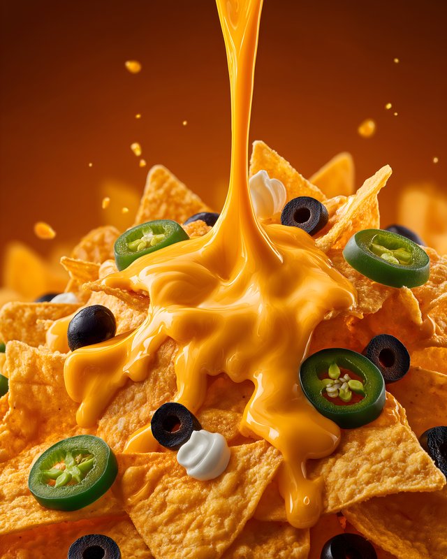 Cheese sauce is poured over nachos with toppings Free Premium Stock Image - stock photo