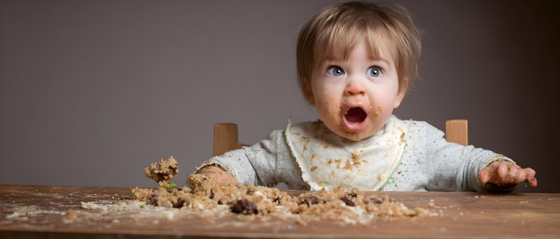 Child enjoys messy food while sitting at a wooden table Free Premium Stock Image - stock photo