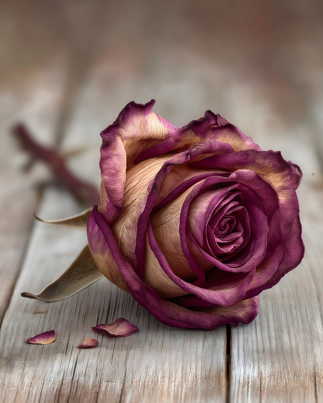 Dried rose lying on wooden surface with petal nearby Free Premium Stock Image - stock photo