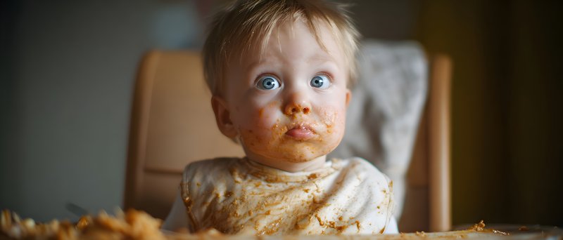 Child enjoying messy meal at home in bright room Free Premium Stock Image - stock photo