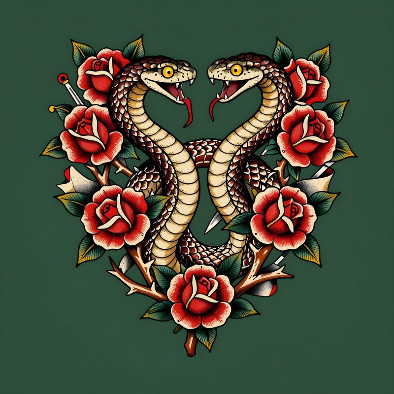 Two snakes face each other among red roses on a green background Free Premium Stock Image - stock photo
