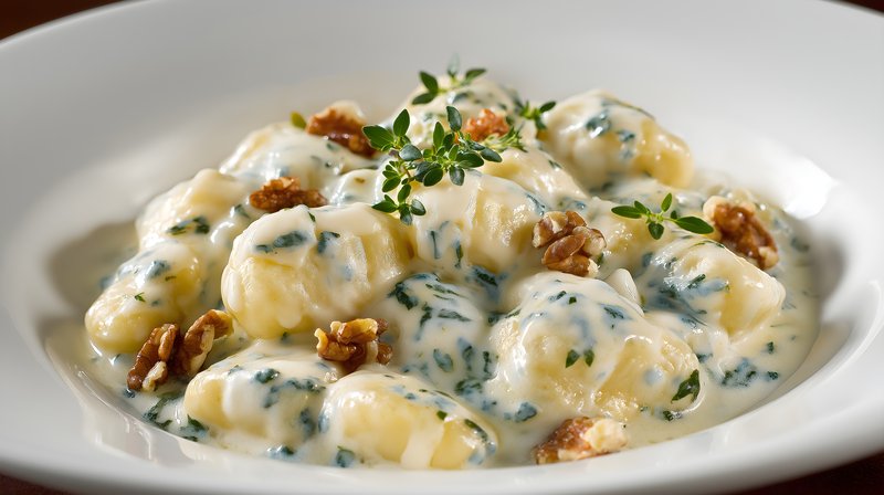 Gnocchi served with cream sauce and walnuts in a bowl Free Premium Stock Image - stock photo