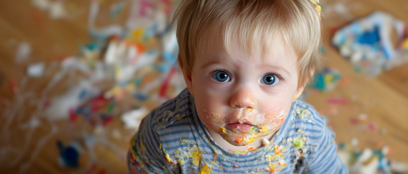 Toddler plays with food during birthday celebration at home Free Premium Stock Image - stock photo