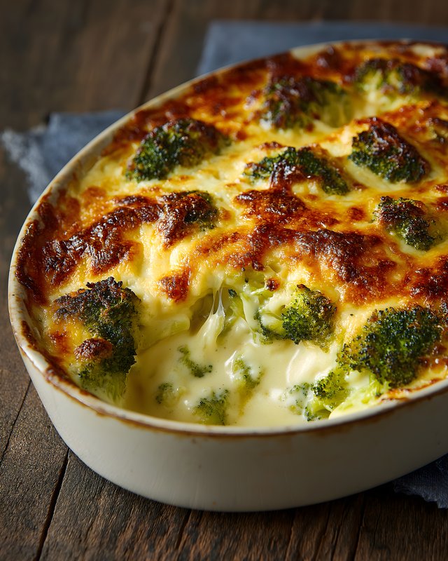 Broccoli baked dish on wooden table with melted cheese Free Premium Stock Photo - stock photo
